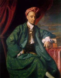 a painting of a man with a pink hat and green dress sitting on a red chair