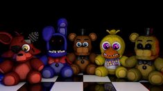 five stuffed animals sitting on top of a checkerboard floor in front of a black background