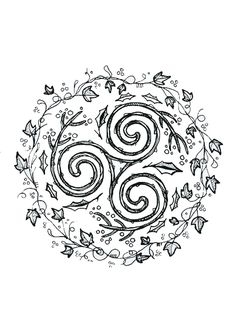 a black and white drawing of swirls in the center of a circle with leaves