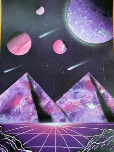 an artistic painting with mountains, planets and stars in the night sky above it is a purple background