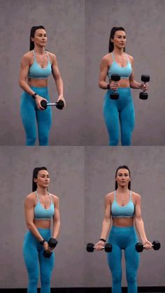 a woman in blue workout clothes holding two dumbs