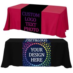 two tables with black and pink tablecloths, one has a logo on it