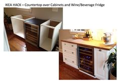 an image of a kitchen with cabinets and wine fridges in the middle one is empty