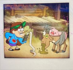 an image of a cartoon character playing with a cow and another animal in the background