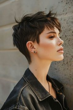 Pixie Long Top Short Sides, Edgar Haircut Women, Short Hair Cuts Brunette, Pixie Cut For Straight Hair, Straight Hair Pixie Cut, Pixie Black Hair, Really Short Haircuts For Women, Goth Pixie Cut