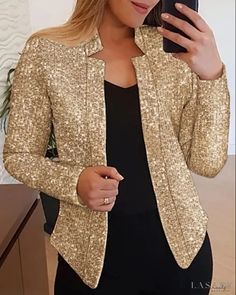 Lasaky - V-Cut Long Sleeve Sequin Blazer Coat Chic Winter Coat, Sequin Coats, Winter Coat Short, Stand Collar Coat, Cardigan Blazer, Crop Pullover, Elegant Blazers, Winter Fashion Coats, Sequin Blazer