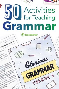 the 50 activities for teaching grammar in front of a pile of paper and pencils