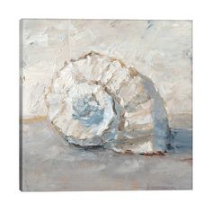 an abstract painting of two seashells on a white surface with blue and gray colors