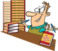 a cartoon man sitting at a desk in front of stacks of books and holding scissors