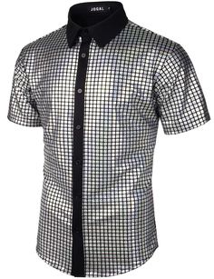 This stylish and eye-catching men's shirt is a perfect way to spice up any outfit. Made of high-quality metallic sequins, this short sleeve piece adds a bold and glamorous shine you can wear in any season. A great addition to any wardrobe. 95% Polyester, 5% Spandex Imported Button closure Fitted Sequin T-shirt For Summer, Fitted Silver T-shirt With Short Sleeves, Fitted Short Sleeve Shirt For Party Season, Disco Style Short Sleeve Summer Shirt, Summer Disco Style Short Sleeve Shirt, Fitted Summer Tops With Shine, Party Short Sleeve Shirt, Summer Disco Style Party Shirt, Party Season Short Sleeve Shirt