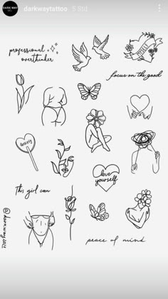 some drawings on the back of a sheet of paper with hearts, flowers and other things