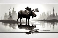 a moose is standing in the water with its head turned to look like it's coming out of the woods