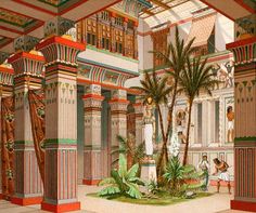 an old painting of a building with columns and palm trees