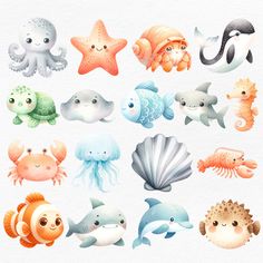 watercolor sea animals clipart set