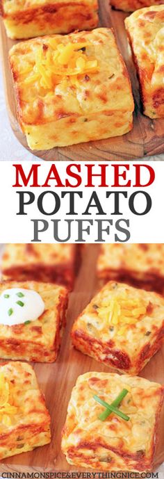 mashed potato puffs on a wooden cutting board with text overlay that reads mashed potato puffs