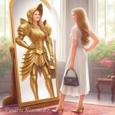 a woman standing in front of a mirror looking at a gold statue and holding a purse