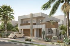 a car is parked in front of a house with palm trees on the side walk