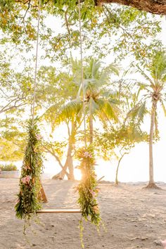 two people sitting on swings in the sand under palm trees, with one person standing next to them