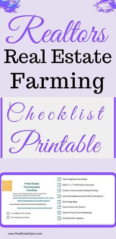 the real estate farming checklist printable is shown in purple and white with text overlay