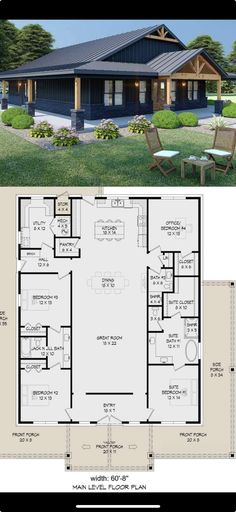 the floor plan for this ranch style home is shown in black and white, with an open