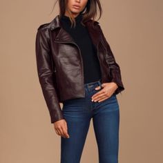 Never Worn. Tag Still On. Edgy Leather Outerwear For Fall, Chic Brown Biker Jacket For Fall, Edgy Brown Winter Outerwear, Edgy Leather Jacket For Fall Workwear, Edgy Fall Workwear Outerwear, Edgy Fall Outerwear For Work, Trendy Burgundy Leather Jacket For Fall, Fall Biker Outerwear For Work, Chic Fitted Burgundy Biker Jacket