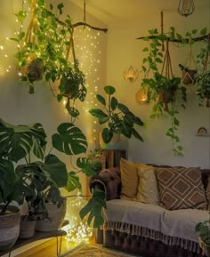 a living room filled with lots of plants and lights