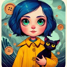 a digital painting of a girl with blue hair and green eyes holding a black cat