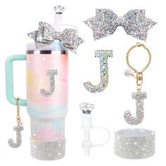 the initial j is made up of many different types of jewels and bows on it