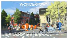 a painting of people crossing the street in front of a building with an orange clown on it