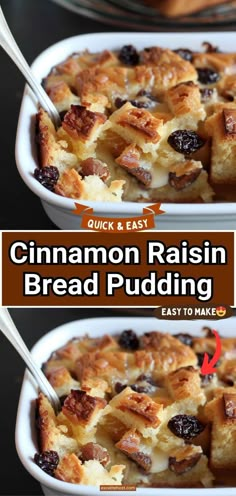 cinnamon raisin bread pudding in a white baking dish