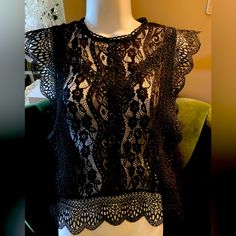 Heavy Lace Black Top By Zara, Nwt. Sleeveless, Zippered Back. Great Over A Camisole. Polyester. Hand Wash. 20” Across Back From Pit To Pit. 22” Long In Back. Lace Party Vest Tank Top, Lace Party Tank Top, Black Lace Tank Top With Lace Details, Fitted Sleeveless Lace Blouse, Fitted Sleeveless Lace Top, Fitted Lace Tank Top For Evening, Black Sleeveless Lace Top With Lace Trim, Sleeveless Black Lace Top With Lace Trim, Black Lace Tank Top For Party