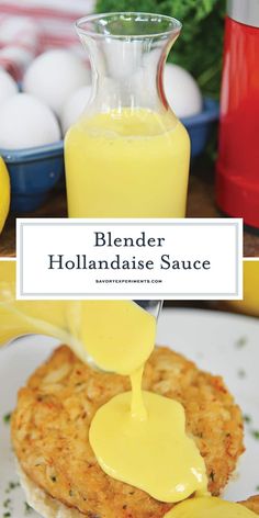 a plate with some food on it and sauce being poured over the top to make hollandaise sauce