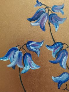 a painting of blue flowers on a brown background