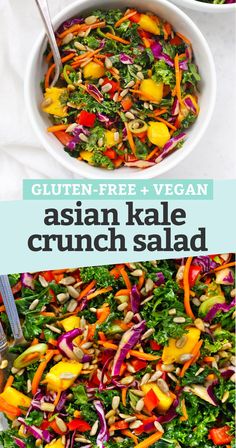 Asian Kale Crunch Salad - This colorful kale salad has a rainbow of veggies, a tangy Asian-inspired dressing, and plenty of crunch. It's a fresh, delicious side dish or awesome main dish any day of the week! (Gluten-Free, Vegan, Paleo-Friendly) // Asian Kale Salad // Kale Crunch Salad Recipe // Mango Kale Salad // Healthy Lunch // Side Salad // Rainbow Kale Salad #kale #lunch #glutenfree #vegan Kale Crunch Salad, Asian Kale, Recipe Mango, Crunch Salad, Lunch Sides, Kale Salad Recipes, Vegan Asian