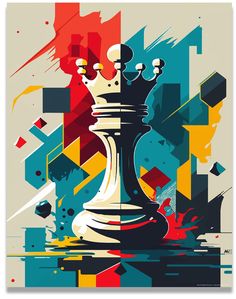 a poster with a chess piece in the middle of it, and an abstract background