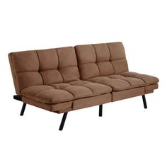 a brown couch sitting on top of a wooden frame