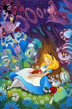 an image of alice in wonderland with many other characters around the tree and flowers on the ground