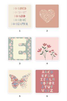 four different types of greeting cards with flowers and butterflies on them, including the letter g