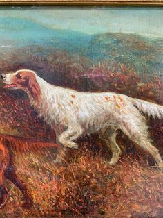 an oil painting of two dogs in a field