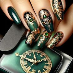 a woman with green and gold nail polish on her nails is holding a golden clock