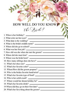 a printable wedding game with pink flowers and greenery on the side, which says how well do you know?