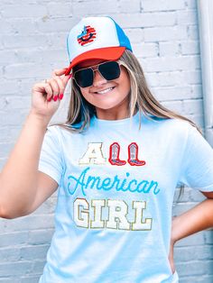 Show your American pride with this adorable All American Girl Chenille White T-Shirt! Crafted from the highest quality materials, this fine-looking t-shirt is a perfect way to celebrate the 4th of July. Its cute design makes it great for any occasion, so why not get yours today? Red, White, + Blue! Unisex sizing and fit SPECIAL CARE - WASHING INSTRUCTIONS: Hand washing and air drying are always best for these items. Wash on delicate, cold, and inside out. Always air dry to prevent lint from sticking to the letters and for longevity of your beautiful items! July Outfits, All American Girl, 4th Of July Outfits, All American, American Pride, Fit Check, Cute Design, White T Shirt, Red White Blue