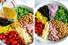 two pictures showing the process of making a salad with ham, olives, lettuce and tomatoes