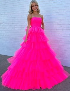 #DT1514 * DESCRIPTION Long dress with ruffle skirt * ATTRIBUTES Long A-line Layered Tulle Prom Dress, Tulle Prom Dress Long, Quincenera Dresses, Hot Pink Prom Dress, Strapless Ball Gown, Tulle Neckline, Tulle Prom Dresses, Prom Inspiration, Pink Ball Gown