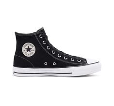 Skateboard in Chucks that were made for it. Converse Cons Chuck Taylor All Star Pro Suede In Black, Size 7.5 (M) / 9.5 (W) Platform Chucks, Converse Cons, Indie Jewelry, Custom Boots, Black High Tops, Unisex Shoes, Chuck Taylor All Star, Skate Shoes, Converse High Top Sneaker