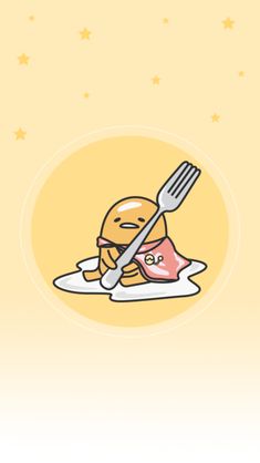 a cartoon character holding a fork and knife in front of a plate with food on it