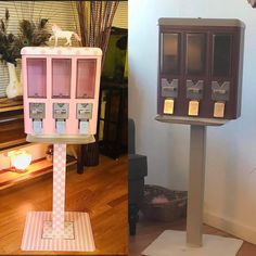 there are two different types of candy dispensers in the same room, one pink and one brown