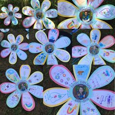 there are many flowers that have been made with children's pictures on them,