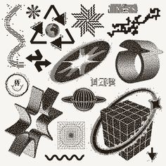 an image of various shapes and sizes on a white background with black dots, lines, and circles