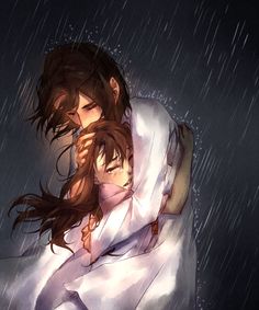 two people are hugging in the rain under an umbrella and holding each other's head